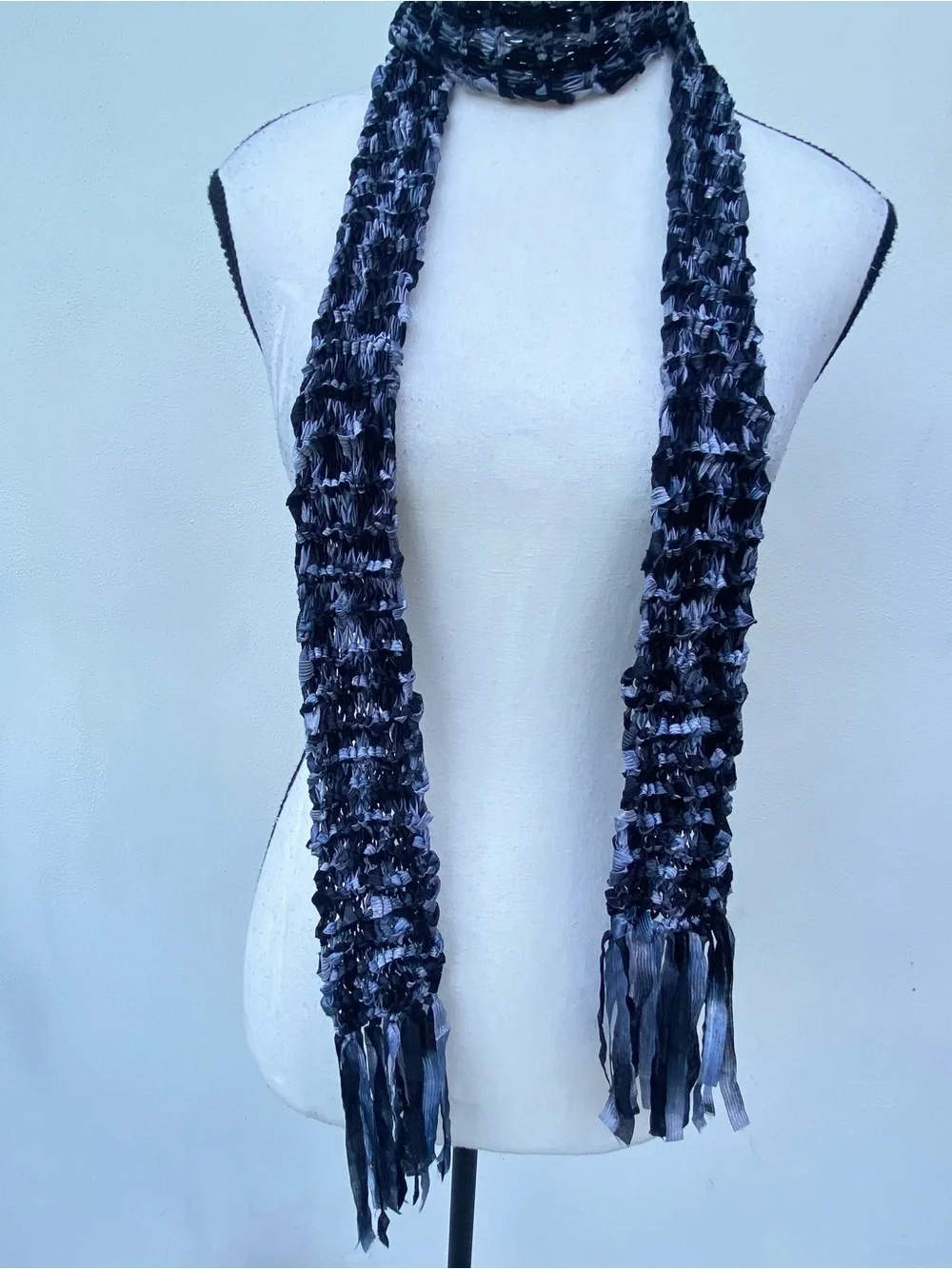 Y2K Black & Blue Crochet Satin Knit Skinny Fringe Scarf